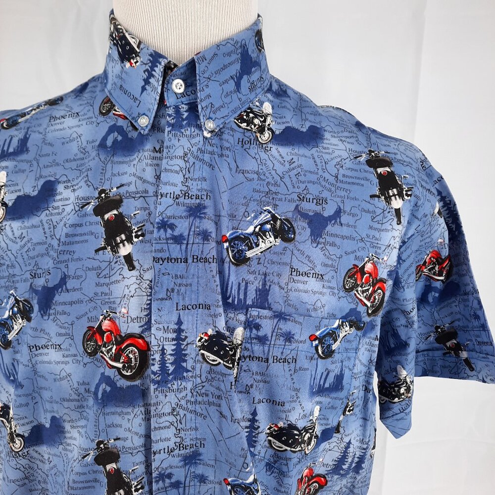 Motorcycle Rally Road trip Map Blue Camp Shirt Men's XL Short Sleeve Button up
